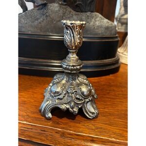 Ornate Silver Baroque Silverplate Taper Candlestick Holder Floral Scrollwork